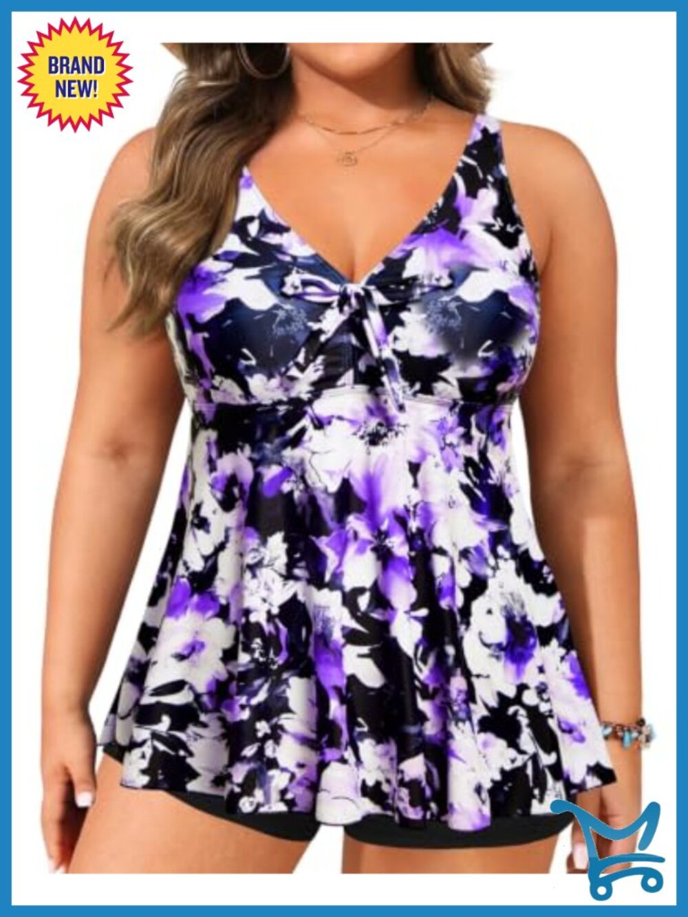 Plus Size Flowy Tankini Top V-Neck Adjustable Straps Swimwear